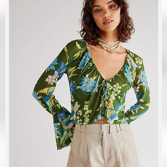 Free People Tops - NWT Free People piece of paradise sheer bell sleeve crop top size Large